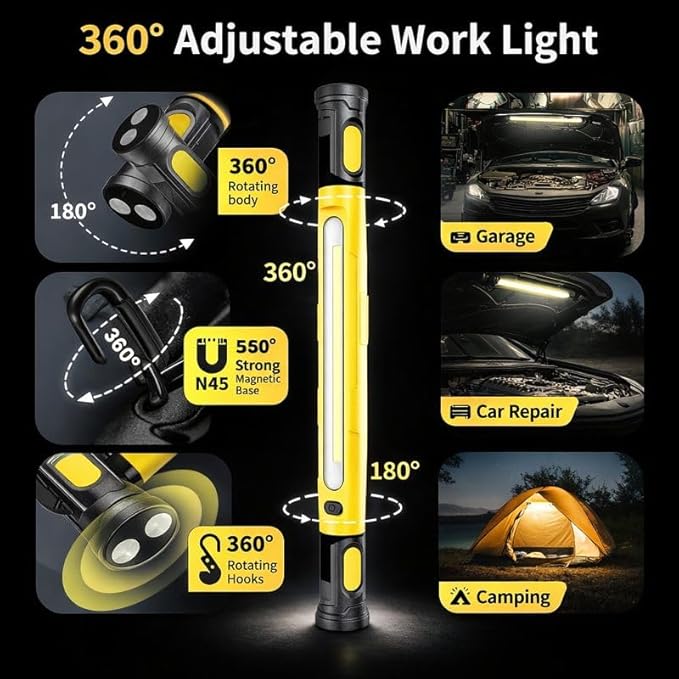 2026 Under Hood Work Light Bar, 3000 Lumen LED Magnetic Rechargeable Work Light with Hooks, 5200mAh Cordless Underhood Light for Mechanic, Car Repair, Garage, Emergency - Yellow