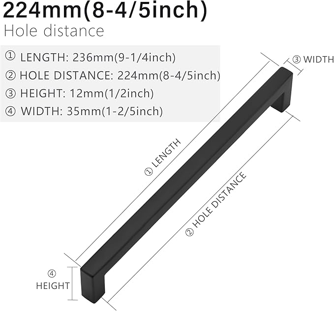 Matte Black Square Drawer Pulls, 10 Pack 8-4/5 Inch Stainless Steel Kitchen Cabinet Handles, 224mm Hole Centers