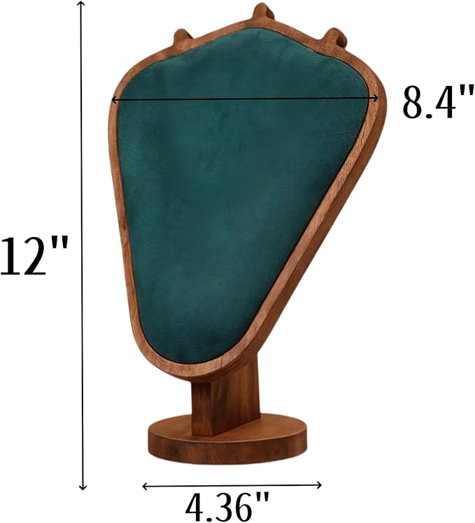 Walnut Color Body Wood Necklace Display Stand with Green Flannelette Soft Mat Necklace Holder Organizer Desktop Stand for Home Store Dresser-4.45"x8.4"x12"