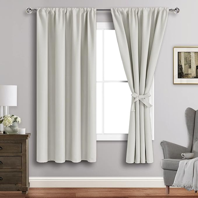 JIUZHEN Blackout Curtains for Bedroom - Thermal Insulated Room Darkening Rod Pocket Curtains for Living Room, Set of 2 Panels with Tiebacks, 38 x 72 Inch Length, Ivory