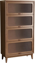 Solid Wood Bookcase 4 Tier Bookshelves with Tempered Glass Flip-Up Doors 60Hx12.5Dx32W" Brown Finish Cube Storage Organizer, Bookshelf Versatile Pantry Cabinet with Storage for Kitchen Home Office
