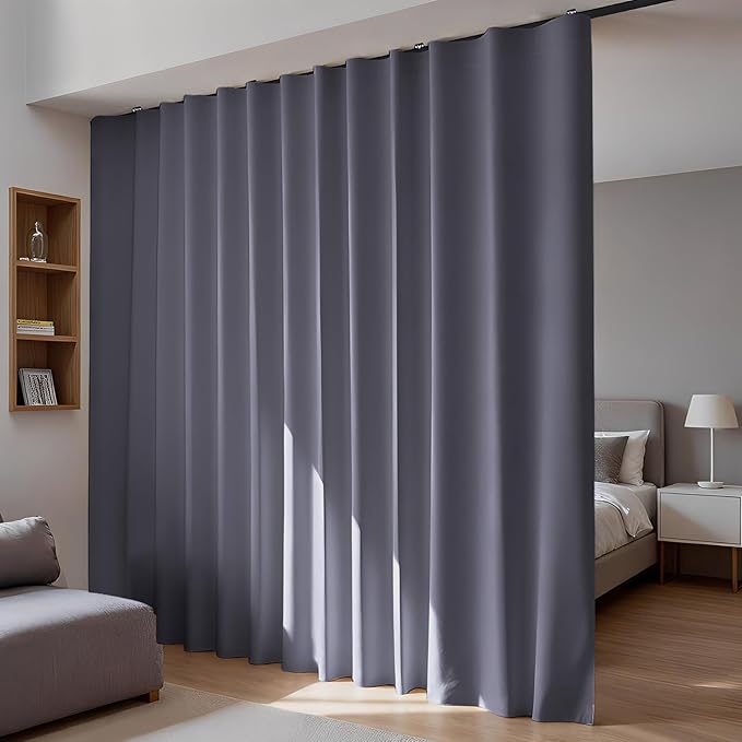 Room Divider Blackout Curtains Flexible Sliding Tracks Sets Ceiling Mounted Rod Window Curtain Privacy Separation for Bedroom Living Rooms,1 Panel Grey Drape and Black Track Set-W108xH108 in