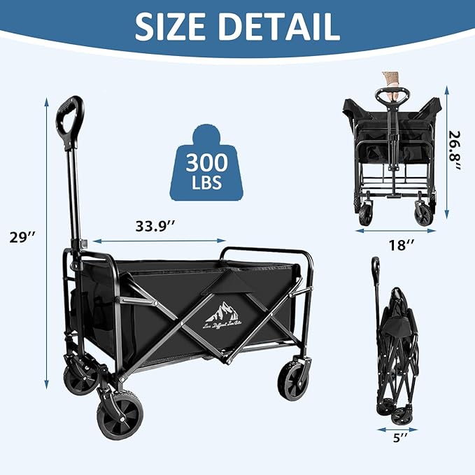 Collapsible Utility Cart Folding Wagon, 220 lbs Capacity Lightweight Rolling Cart with Quiet Wheels, Quick-Fold Design for Camping, Shopping, Ourdoor Use, Black