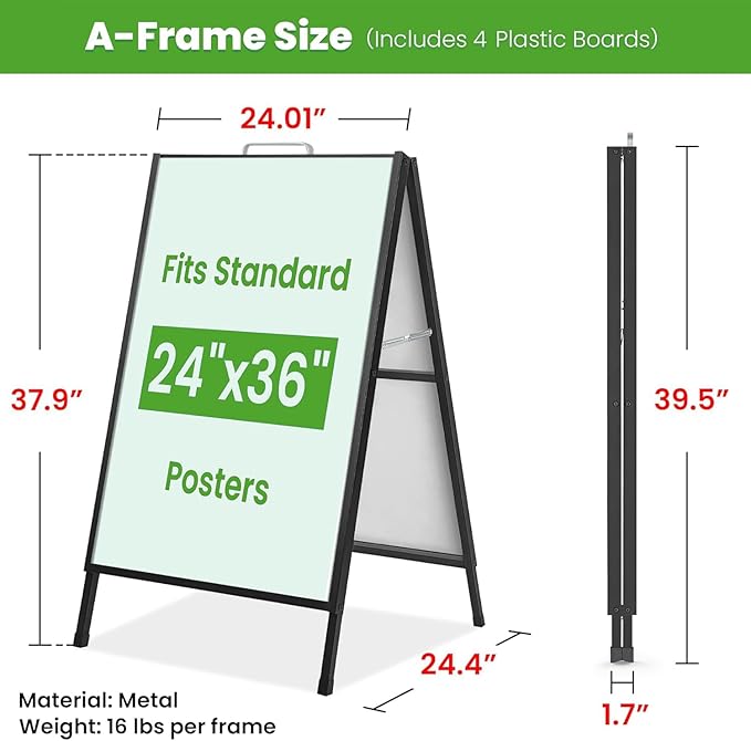 2 Pack A Frame Sign Holder 24x36 Inch, Double-Sided Folding Sandwich Board with Handle, Heavy Duty Metal Sidewalk Sign for Outdoor Business Advertising, Includes 4 Plastic Boards