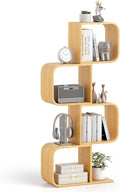 Giantex S-Shaped Bookcase, 4-Tier Bamboo Bookshelf with 4 Open Cubes, Geometric Corner Display Shelf, Decorative Storage Organizer, Floor Storage Rack for Living Room, Home Office, Natural