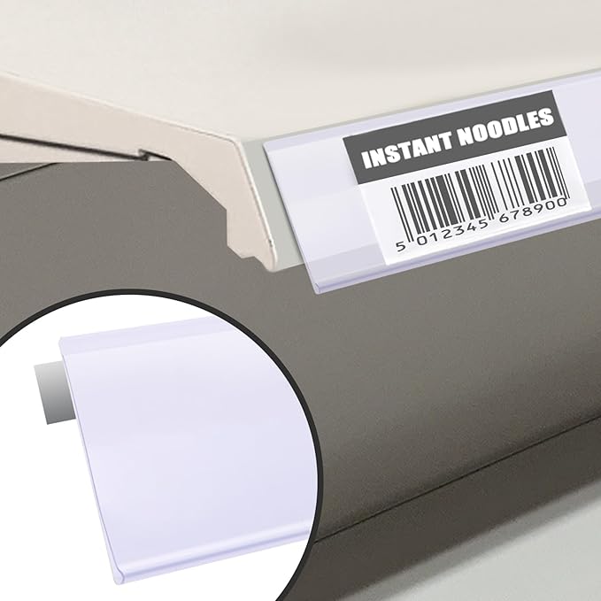 Shelf Label Strips, Pro Painter 50 Pack Self Adhesive 1.5”H Shelf Strip Price Tag Holder for Plastic, Metal and Wood Gondola Shelf, Clear Plastic Front/White Back Sign Holder for 48” Long Shelf