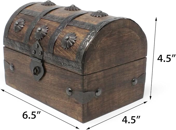Nautical Cove Treasure Chest Keepsake and Decorative Wood Box (Medium 6.5x4.5x4.5) - Storage Box, Wooden Box with Hinged Lid, Rustic Storage, Pirate Storage Box, Vintage Wooden Chest