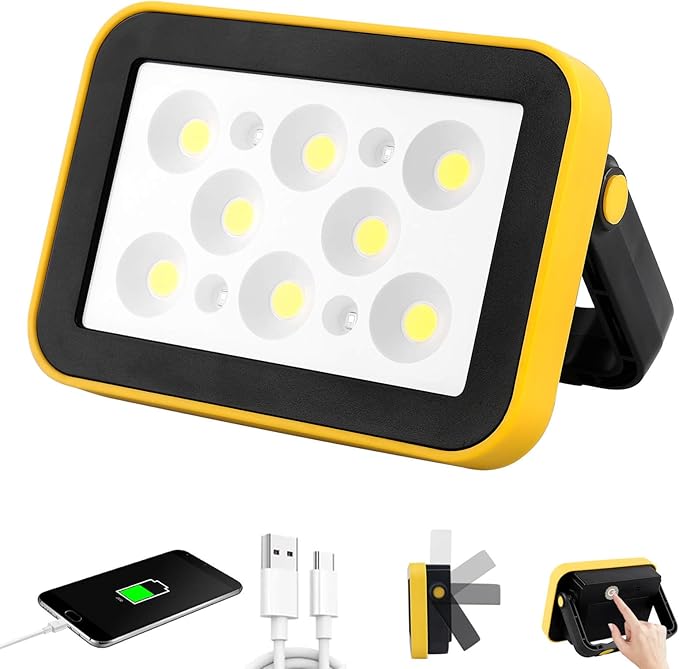 Rechargeable Flood Light with Tripod Hole, Portable COB Work Light Battery Operated, LED Work Lights Waterproof 180° Rotate for Job Site Garage Camping Car Repair, Gifts for Men