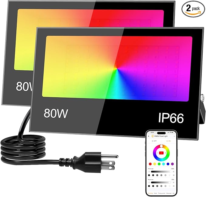 Remon LED Flood Light Outdoor 800W Equivalent 8000LM Smart RGB Landscape Lighting with APP Control, DIY Scenes - Timing - Warm White 2700K - Color Changing Uplight, IP66 Waterproof, 43 Modes (2 Pack)