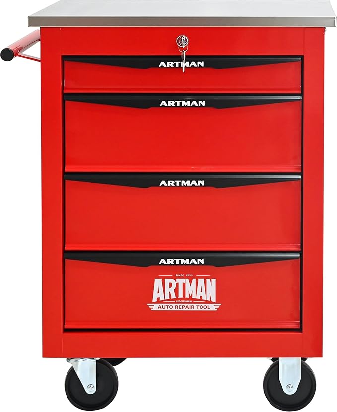 4-Drawer Heavy-Duty Rolling Tool Chest with Wheels & Steel Roof, Lockable Tool Chest Storage Cabinet for Garage, Workshop, Warehouse, and Repair Shop
