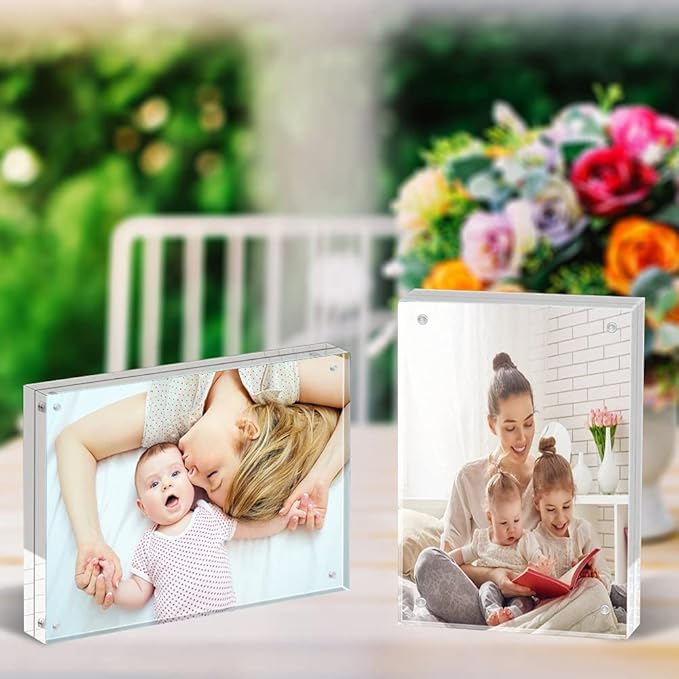 ILYXY 2 Pack Acrylic Frame 6x8, 20% Thicker, 24mm Thick Frameless Clear Picture Frame, Double Sided Magnetic Photo Frame, Free Standing Desktop Display Stand Acrylic Picture Frames