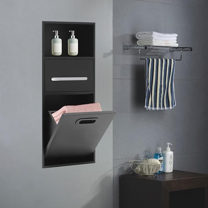 Stainless Steel Shower Niche with Trash Can Stainless Recessed Storage Cabinet Black 26 * 11.8 No Tile Needed Wall Niche Recessed Toilet Paper Holder for Kitchen Living Room Bedroom Hotel