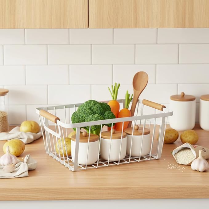 White wire baskets for organizing with Wooden Handle,Metal Wire Storage Baskets Country Vintage Style Snack Baskets. pantry organizers and storage，Kitchen,Bedroom,Bathroom,White,Set of 2