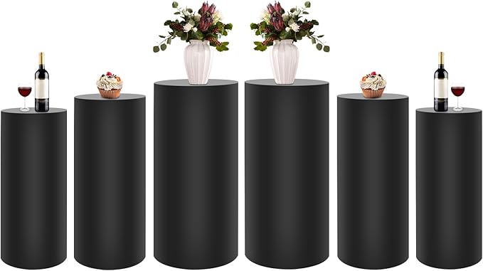 OUKANING 6 PCS Metal Display Pedestal Stands, Black Cylinder Display Stands Pillars, Decoration Cube Sculpture Display Column for Wedding Party Baby Shower Birthday, H27.56'', 26'', 23.62''