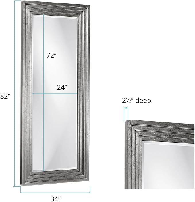 Howard Elliott Nickel Tall Delano Mirror, Large Self Standing Full Length Rectangular Mirror with Stepped Levels, 34 x 82 Inch