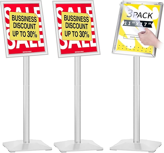 3Packs Heavy Duty Adjustable Pedestal Poster Sign Stand, 11x17 Aluminum Open Floor Standing Sign Holder for Vertical and Horizontal View Display, Silver