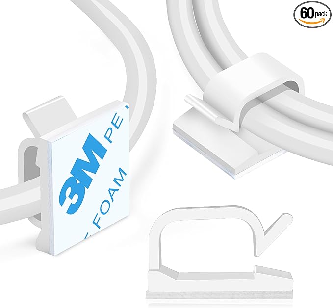 XHF 3/4” Adhesive Cable Wire Clips White 60pcs, Cable Staples Outdoor Cable Management Wire Organizer Cord Holder for Under Desk, Car, Wall, TV PC Ethernet Cable