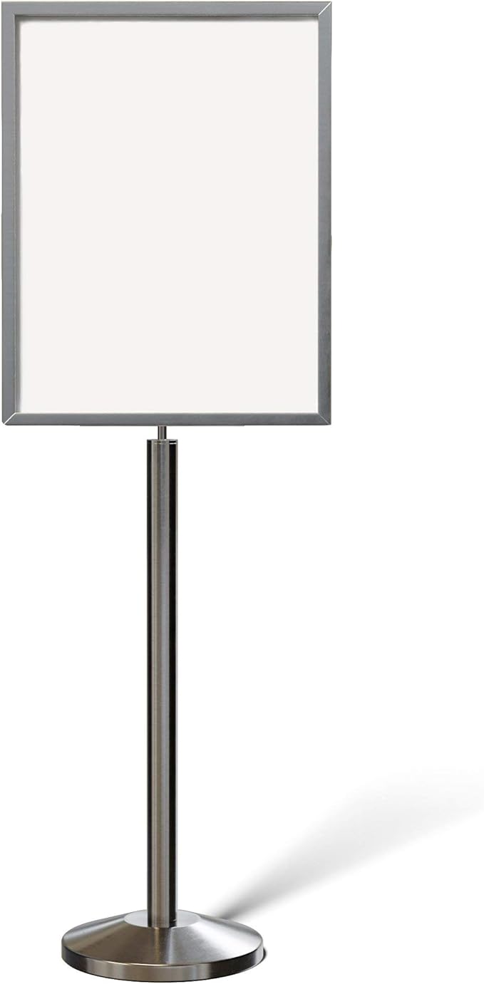 Crowd Control Warehouse Pedestal Standing Floor Sign Frame with Sloped Base, 22 x 28 Inch Vertical, Satin Stainless Steel