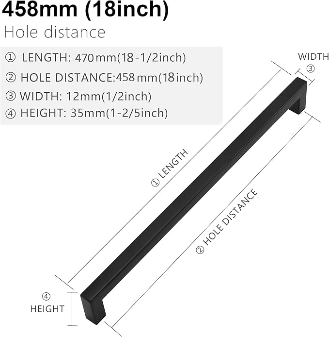 Cabinet Pulls Matte Black Cabinet Handles Square Drawer Pulls, 10 Pack 18 Inch Stainless Steel Kitchen Door Cupboard Cabinet Handles, Drawer Hardware Handles, 458mm Hole Centers