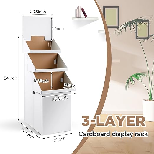 3 Tier Cardboard Display Stand, Point of Purchase Dump Bin Display Rack 65.75 Inch White Corrugated Cardboard 3 Layer Brochure Repeatable Removable Holder for Vendor Events Markets Booklets