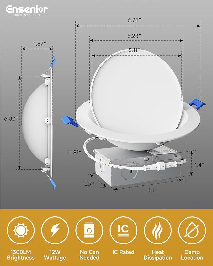 Ensenior 6 Pack 6 inch 5CCT LED Eyeball Recessed Lighting, 360°+90° Rotatable, Dimmable Gimbal Recessed Lights, Canless Angled Adjustable Ceiling Downlight, 1300LM, 12W=115W, 120V - ETL&FCC