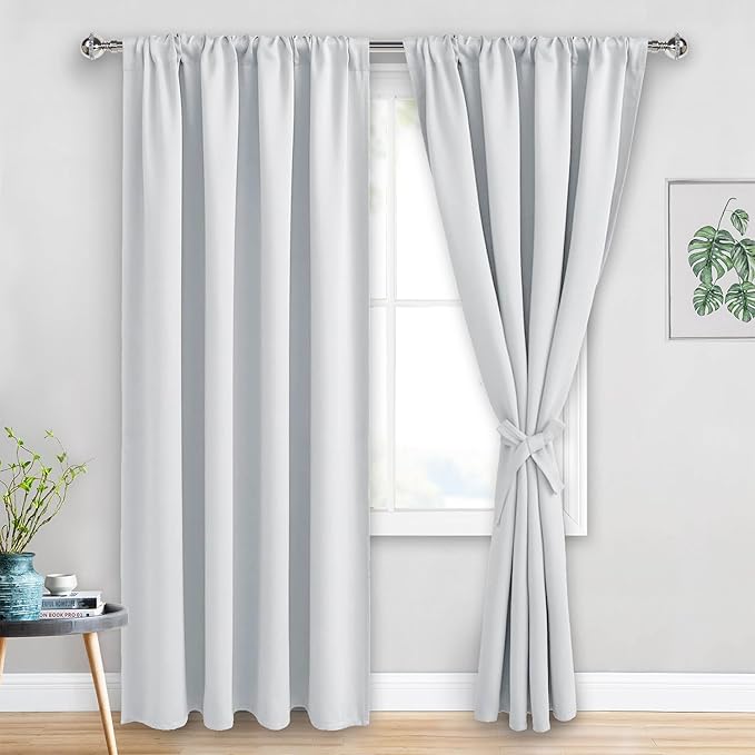 JIUZHEN Curtains for Bedroom - Thermal Insulated Room Darkening Noise Reducing, 52 x 84 Inch Blackout Curtains for Living Room, Light Blocking Drapes Set of 2 Panels with Tiebacks, Greyish White