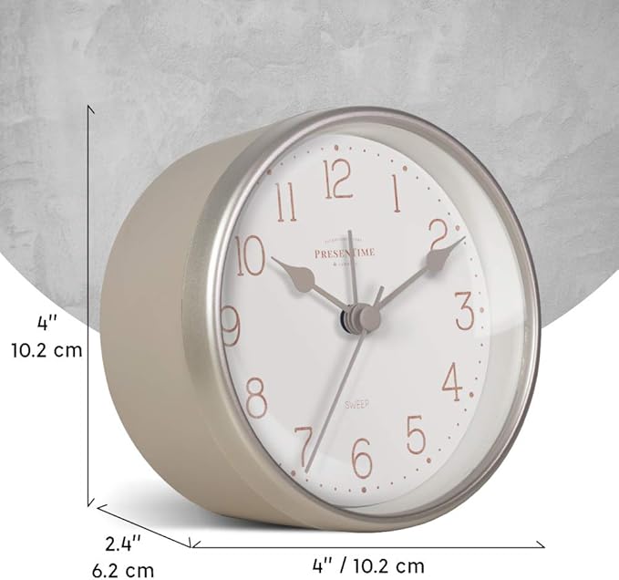 Presentime & Co 4" Chic Home Tabletop Alarm Mantel Clock, Desk and Shelf Clock, Silent no Ticking, Warm Gray and Chic Silver Finish. Tabletop Décor, Home Décor