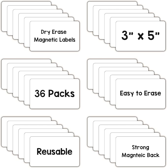Dry Erase Magnets, Blank Magnetic Dry Erase Labels, 36-Pack, Erasable Magnets for Whiteboard, Multipurpose White Magnetic Labels to Write On for Classroom, Home, Education, Office, 3" x 5"