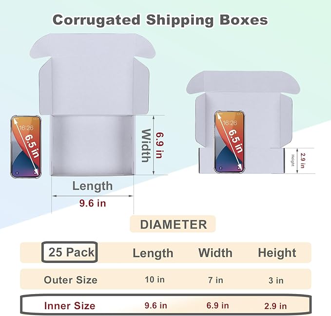 MEBRUDY 10x7x3 Inches Shipping Boxes Pack of 25, White Corrugated Cardboard Box for Mailing Packing Literature Mailer