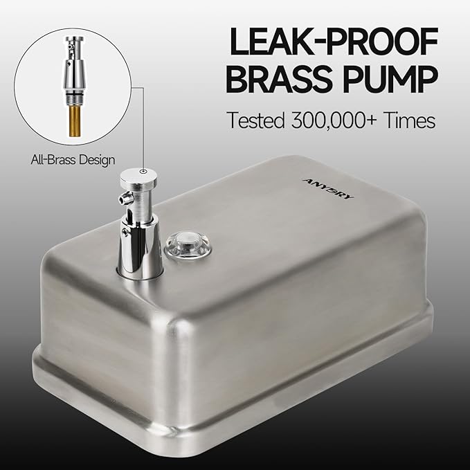 Commercial Soap Dispenser Wall Mount, Brushed Stianless Steel Finish Manual Liquid Soap Dispenser - 37oz (1100ml) Model AD1003