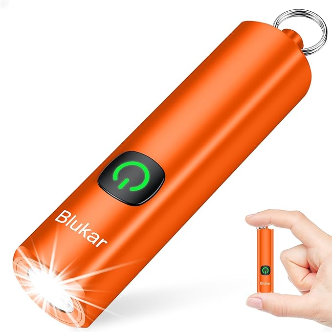 Blukar Rechargeable EDC Flashlight, Mini Keychain Flash Light with 3 Lighting Modes, Memory Function, Waterproof, Compact and Portable Pocket Light for Everyday Carry, Emergency,Camping-Orange