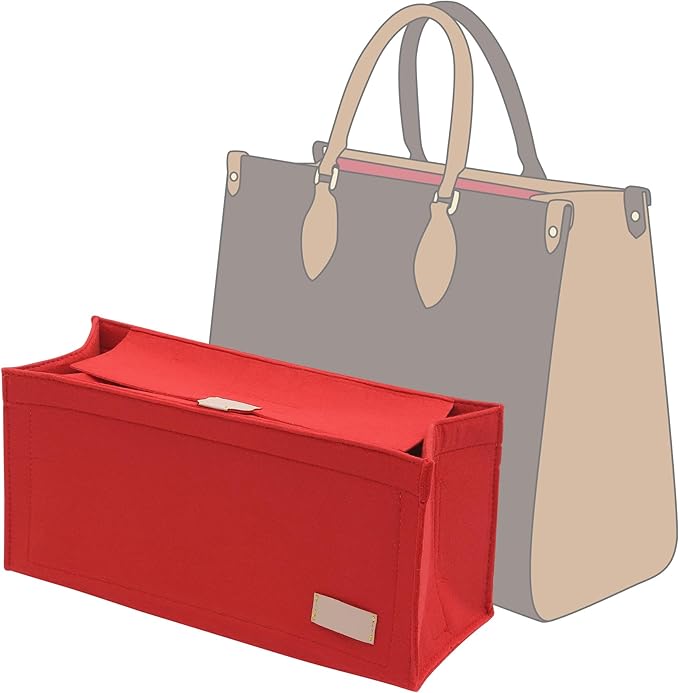 Doxo Purse Organizer Insert,Felt Bag Organizer with Zipper,Tote Organizer Insert Suitable for Lv Onthego GM & D Book Tote Bag Large and More (Red-With Cover)