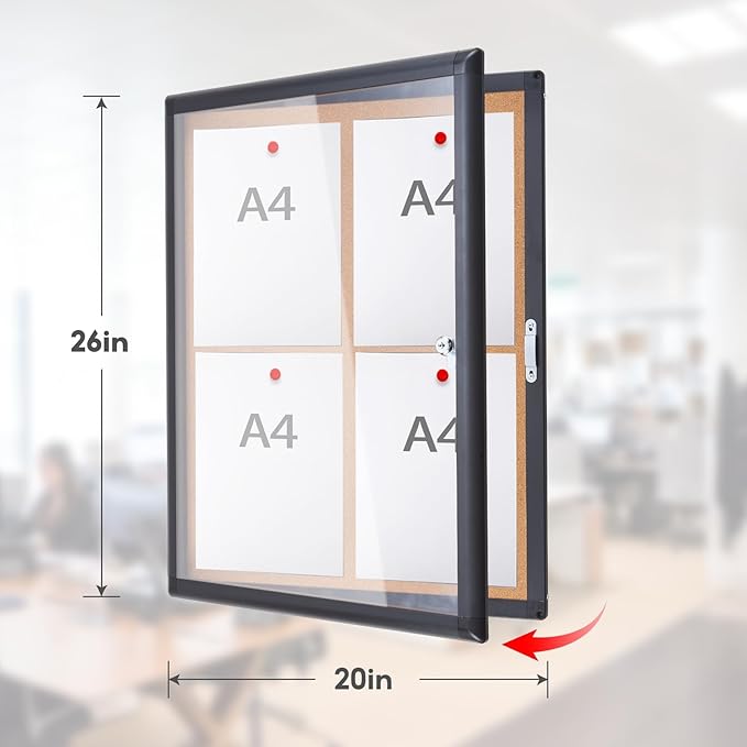 Enclosed Bulletin Board 28x26 Inch Indoor Outdoor Tamper-Proof Cork Wall-Mounted Notice Board with Rust-Resistant Aluminum Frame & Lock for Hospital, Restaurant Kitchen, Office (Black Frame)