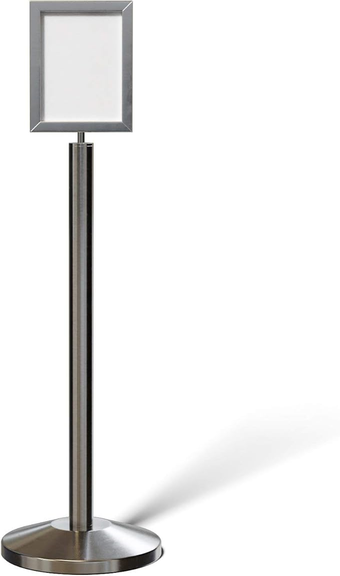 Crowd Control Warehouse Pedestal Standing Floor Sign Frame with Sloped Base, 8.5x11 Inch Vertical, Satin Stainless Steel