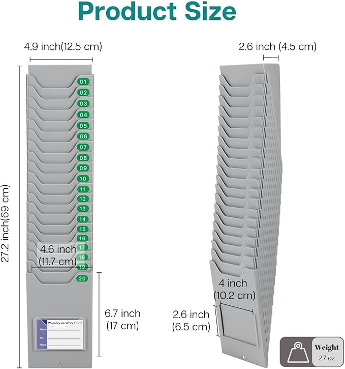 Flexzion Time Card Holder Wall Mount Expandable Time Clock Rack Single Row 20 Slot Rack Card Holder for 7 x 4.6-Inch Timesheets for Attendance Payroll Employee Assignment in Out Timecard Rack, Gray