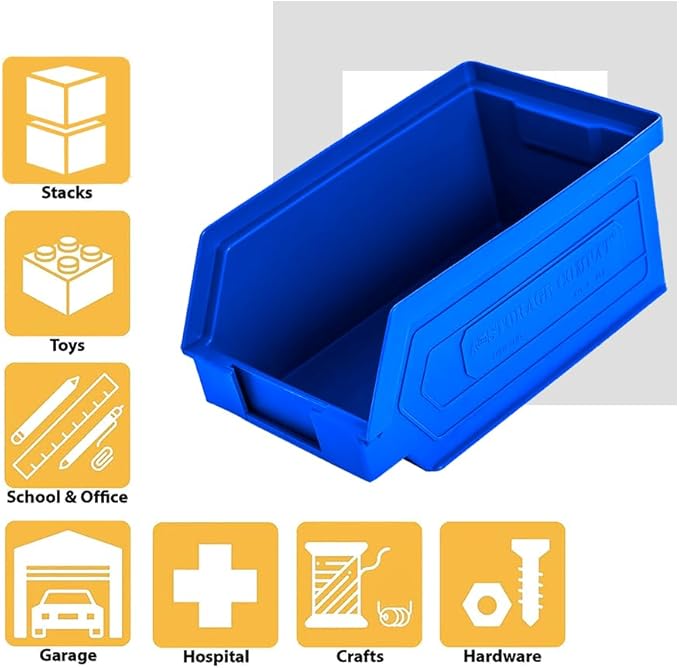 50 Pack Small Storage Bin, Wall Mount Storage, Hanging and Stacking Bin, Freestanding | 7” x 4” x 3” Plastic Container, Blue