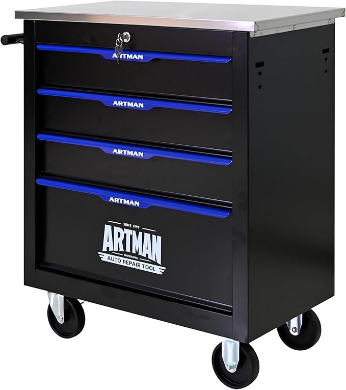 4 Drawer Rolling Tool Chest with Locker, 25.9" D Metal Movable Lockable Tool Cart Box Multi-Functional Hardware Storage Cabinet Box for Warehouse Basement Home Pantry Garage