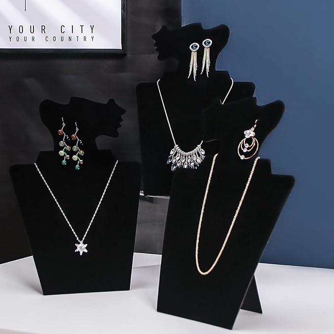 Coward 4 Pcs/Set Necklace Earring Set Display for Selling, Necklace Jewelry Holder Stand for Show, Beige Velvet Necklace Rack Organizer for Photography (Black Velvet)