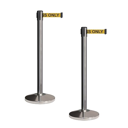 CCW Set of 2 Retractable Belt Barriers Stanchion, Polished Stainless Steel Post, RBB-100 (9 Foot Belt, Yellow"Authorized Access ONLY" Black Letters Belt)