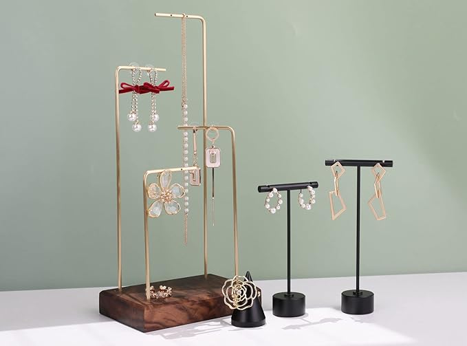 GemeShou Black Metal T Shape Earring Display holders, Earring T Stand for Show, T Bar Jewelry Stand for Online Store Photography【Black-Round Base Height 5.3"】