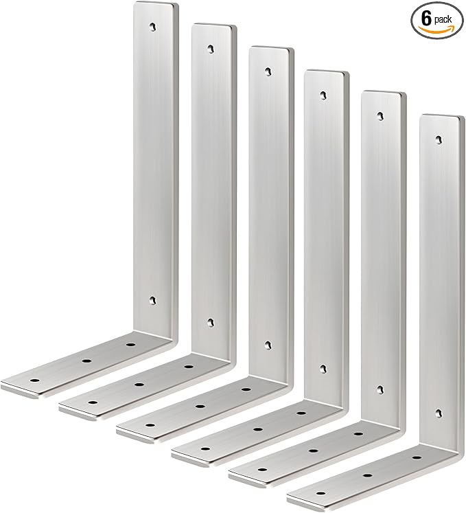 Floating Shelf Bracket Stainless Steel 12 Inch, 6 Pack Heavy Duty Shelf Brackets, Wall Shelf Bracket for DIY Decorative with Mounting Hardware