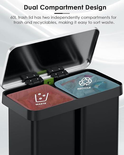 Arlopu 16 Gallon Dual Trash Can, 60L(2x30L) Stainless Steel Kitchen Garbage Can, Step-on Classified Recycle Garbage Bin with Removable Inner Buckets, for Kitchen, Living Room, Office (Black)