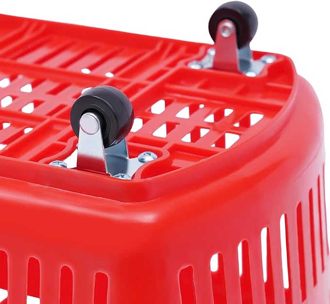 6PCS Plastic Shopping Basket with Handles & Wheels, 35L Rolling Shopping Carts, Grocery Basket with 4 Wheels and Handle, Portable Shopping Basket for Retail Stores, Supermarkets (6PCS - Red)