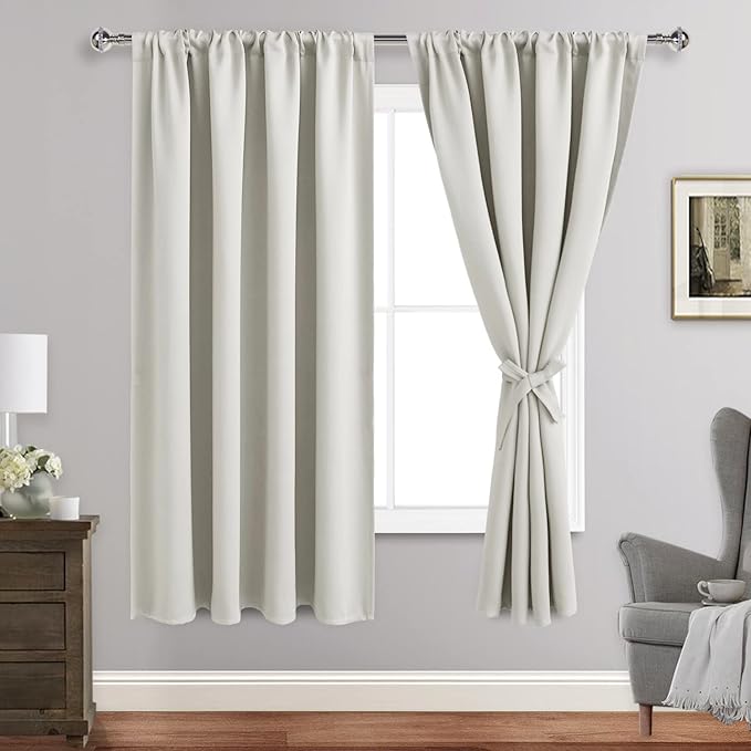 JIUZHEN Blackout Curtains for Bedroom - Thermal Insulated Room Darkening Rod Pocket Curtains for Living Room, Set of 2 Panels with Tiebacks, 52 x 72 Inch Length, Ivory