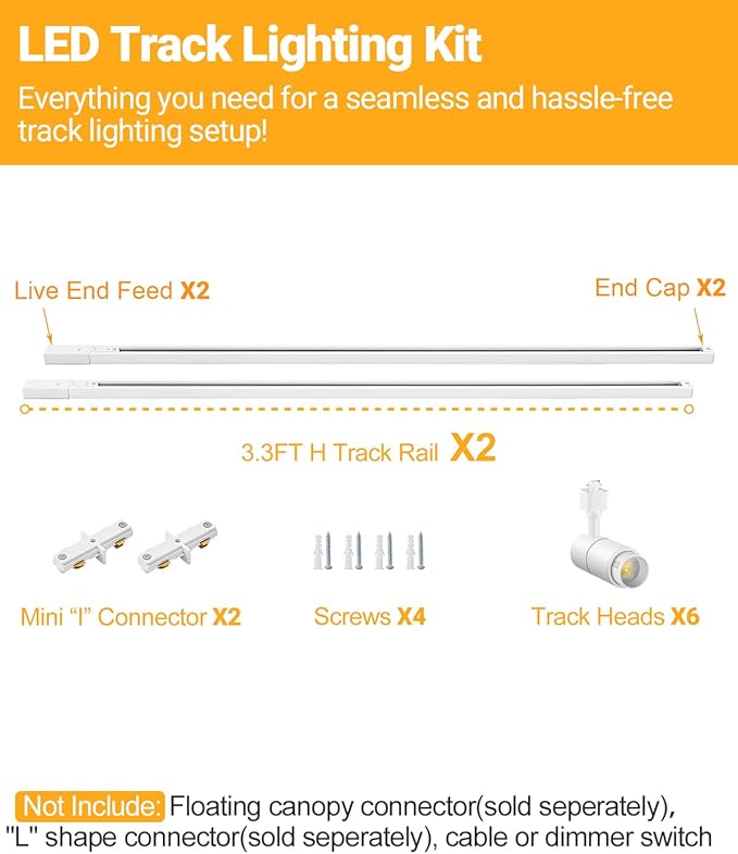 VANoopee 3-Color Zoomable 6 Light LED Track Lighting Kit with 6.6FT H Type Track Lighting Rail, LED Track Light Heads Dimmable Modern Kitchen Track Lighting Fixtures Ceiling Spotlight 10W 1000lm White