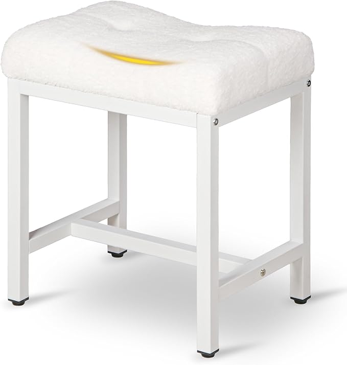 Vanity Stool, Saddle Seat Makeup Stool Chair with Metal Leg, U-Shaped Teddy Velvet Ottoman Foot Rest Stool, Small Square Chairs Under Desk for Vanity, Modern Makeup Bench White