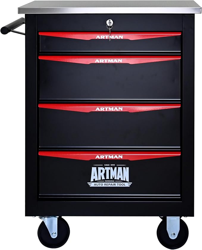 4-Drawer Heavy-Duty Rolling Steel Tool Cart with Handle&Wheels, Metal Storage Organizer Cabinet, Tool Chest for Efficient Tool Storage in Garage, Warehouse, Workshop, Repair Shop, Black&RED