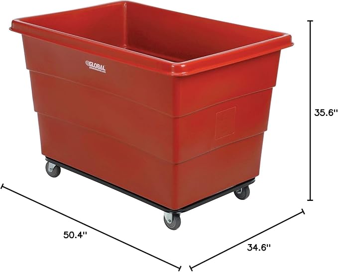Global Industrial 20 Bushel Plastic Bulk Box Truck, Steel Chassis Base, 1200 lbs. Capacity, 4" Non-Maring Rubber Casters, Red, 50-2/5"L x 34-3/5"W x 35-3/5"H