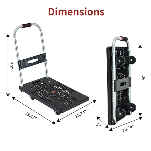 Push Cart Dolly - Lightweight Foldable Flatbed Platform Cart with 360 - Degree Rotating Wheels for Moving in Food Truck and Trailer, 165 lbs Load Capacity, Black
