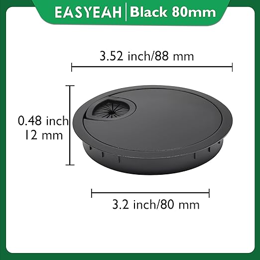 1 Pcs Desk Grommet 3-1/8" / 80 mm, Desk Cord Hole Cover, Cable Grommet Metal Zinc Alloy Materilal, Desk Hole Grommet for Home & Office Pc, Detachable Cable Cord Organizer-Flat Black